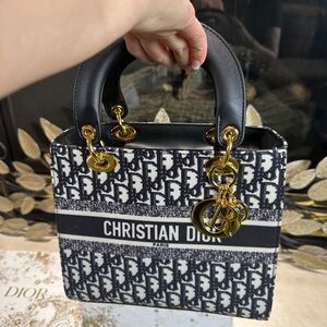 Dior Black & White Oblique Top-Handle Satchel with Gold Hardware